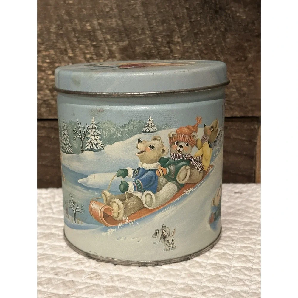 VTG Blue Tin Laughing Teddy‎ Bears Sled Ice Skating Snow Angel Christmas Winter